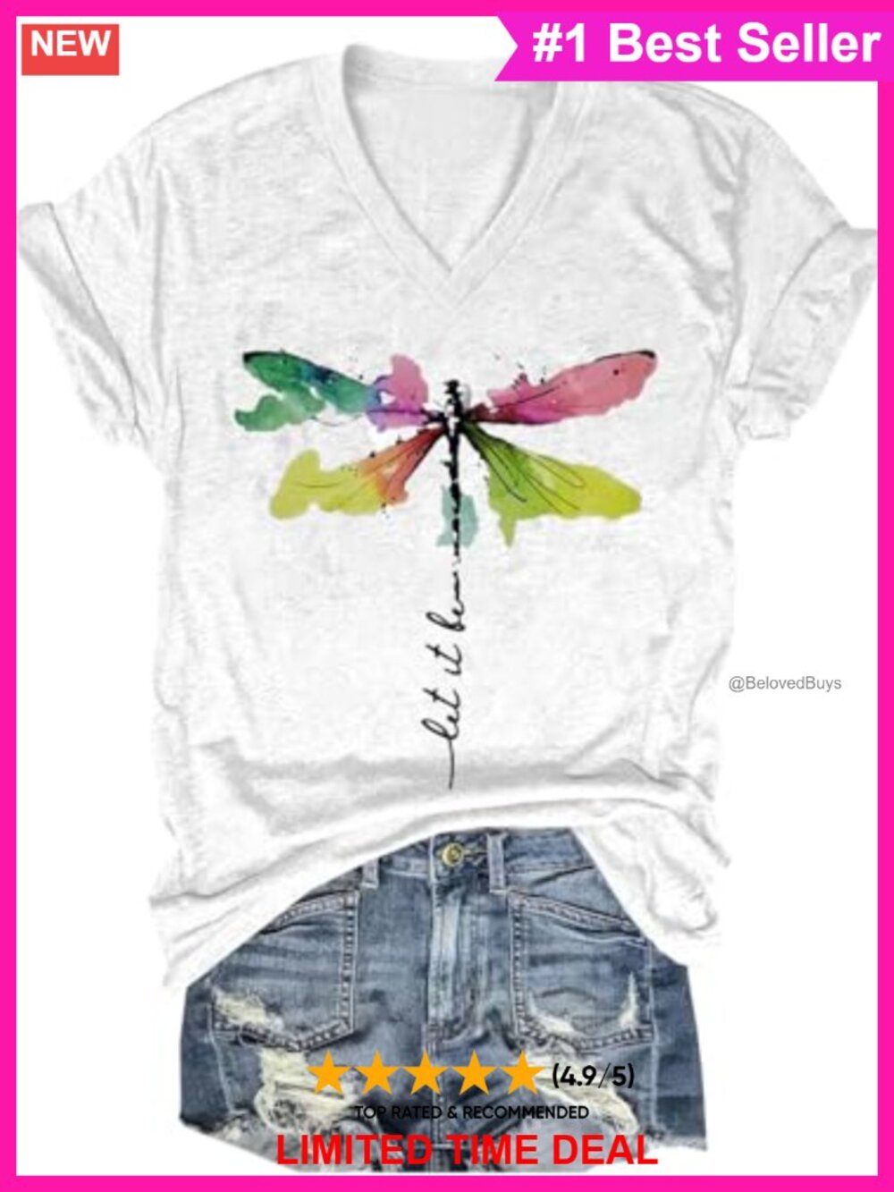 Women's V-Neck Dragonfly Graphic T-Shirt Cotton Short Sleeve Boho Tee
